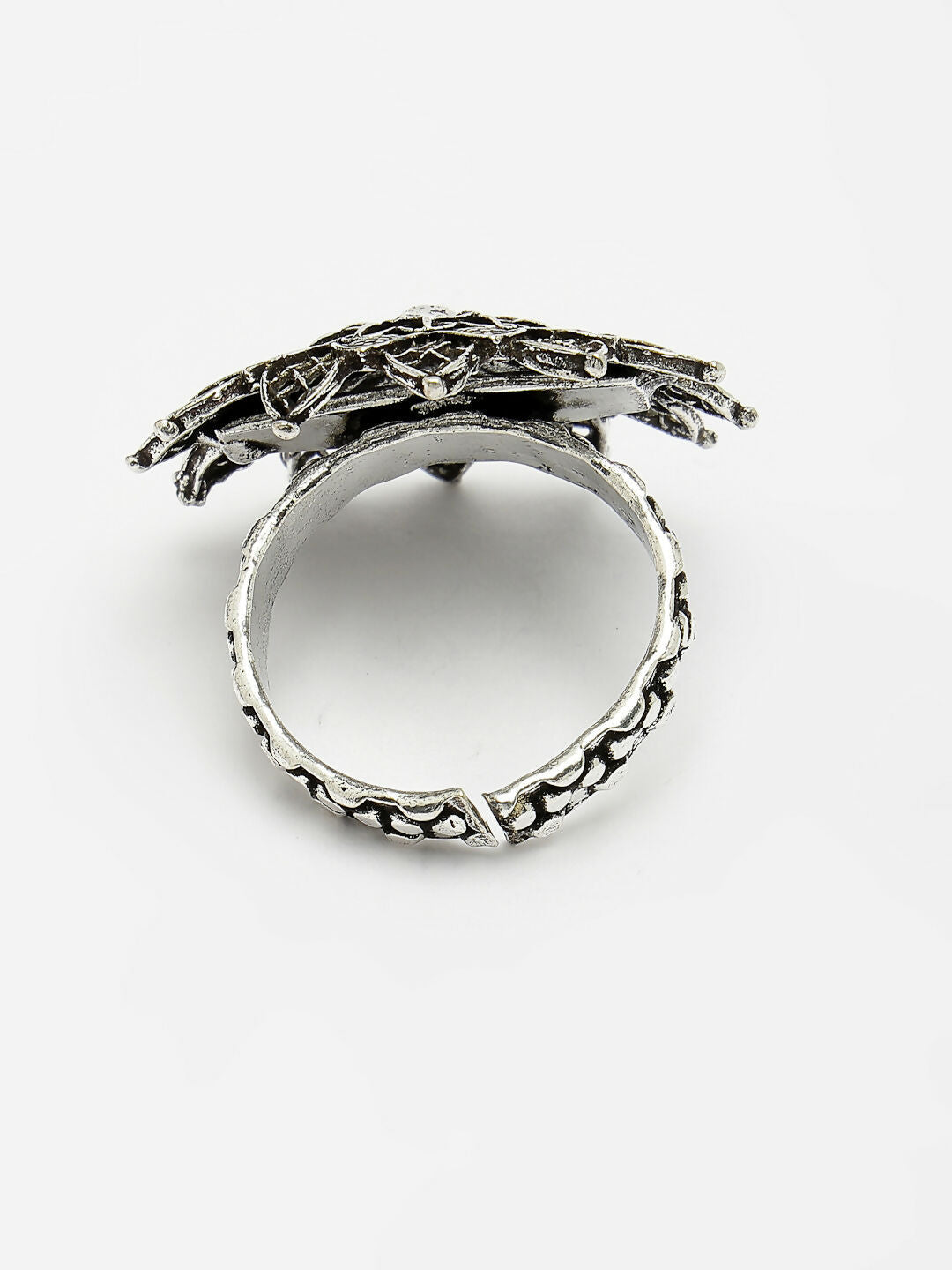 NVR Women's Silver-Toned Floral Shape Adjustable Finger Ring | Swadesiicart