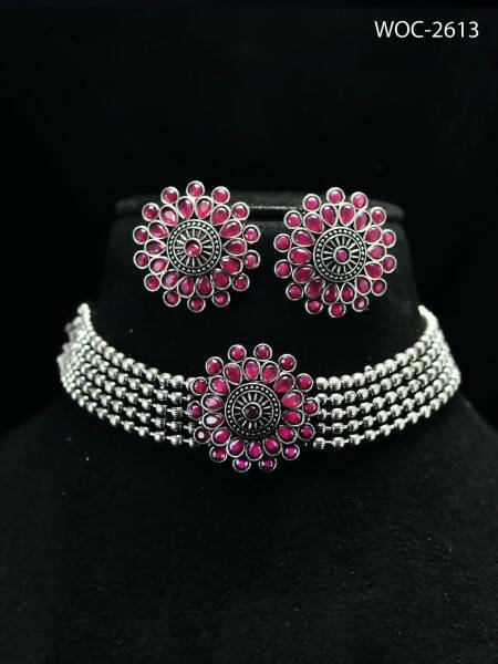Mominos Fashion Johar Kamal Oxidised Silver-Plated Brass Finish Kundan Choker For Women (Pink) | Swadesiicart