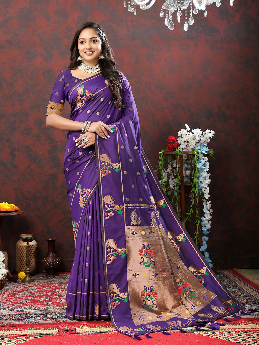 Lorenvalley Fashion Purple Soft Paithani Silk Woven Design Copper Zari Meenakari Weaving Saree - Swadesiicart