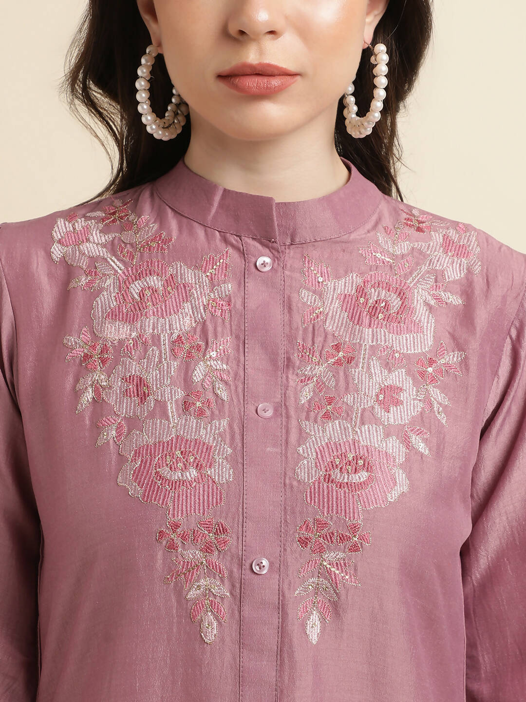 Dust Pink Chinon Yoke Embroidered A-line Top - Tarini - Swadesiicart