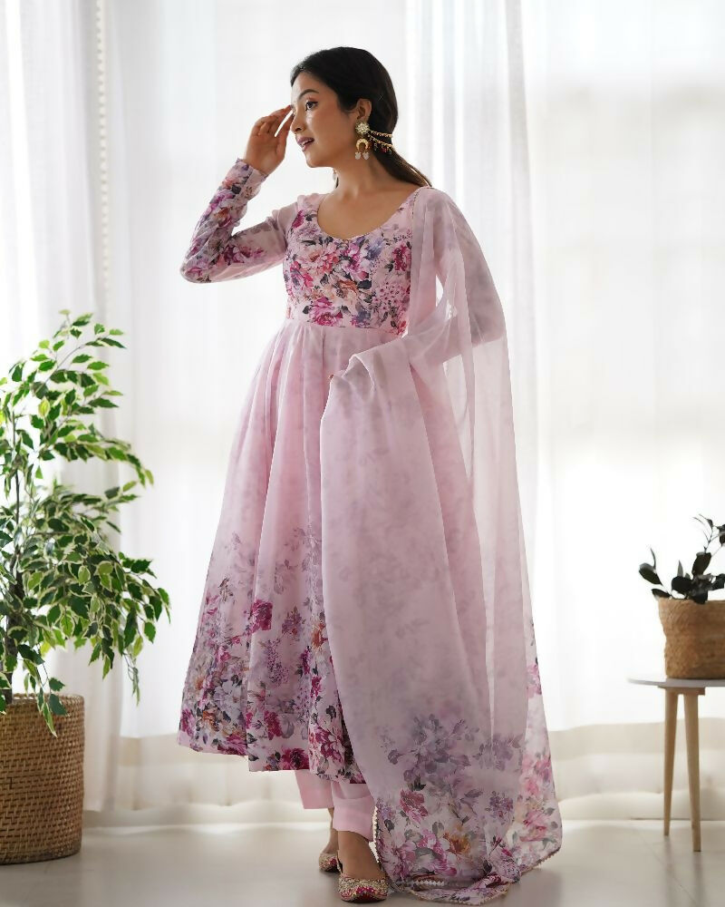Joban Fashion Pink Kurta Set Organza Sequin Embroidery Work - Swadesiicart