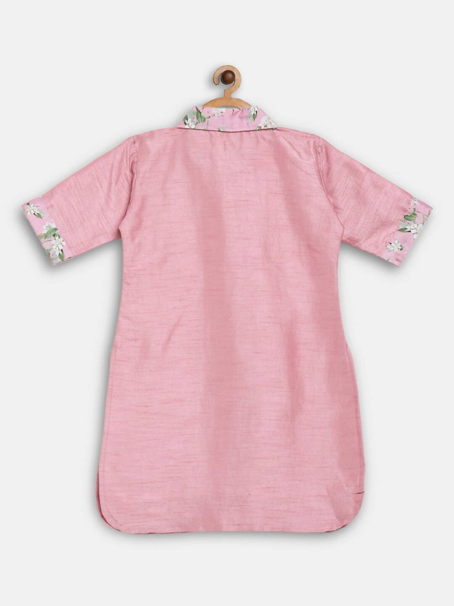 Ahalyaa Pink Poly Silk Solid Kids Kurta with Printed Pant Set For Girls | Swadesiicart