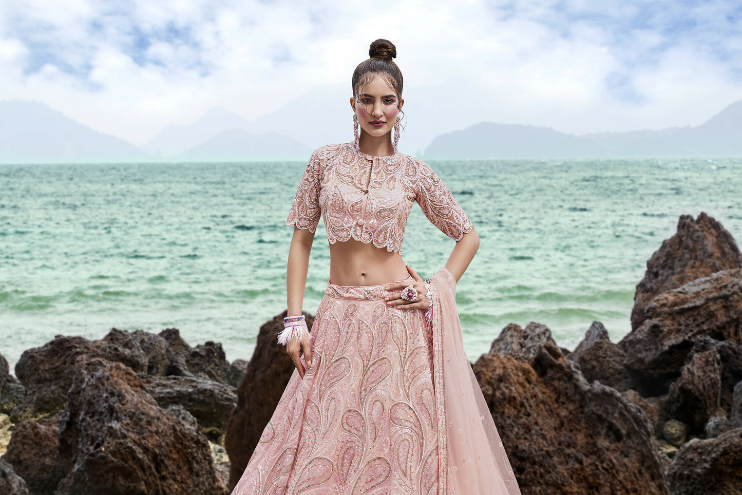 House of Panchhi Coral Net Multi Sequins with heavy Zarkan embroidery Lehenga choli & Dupatta | Swadesiicart