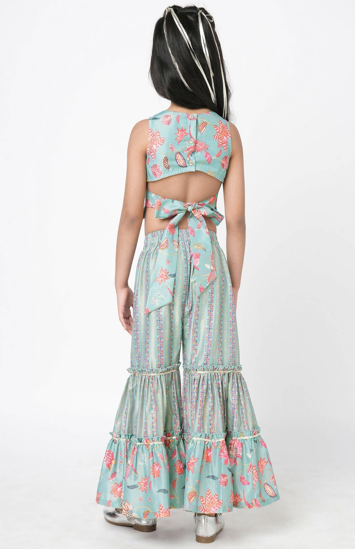 Lil Drama Golden Weaves Blue Crop Top With Palazzo Co-Ordinate Set - Swadesiicart