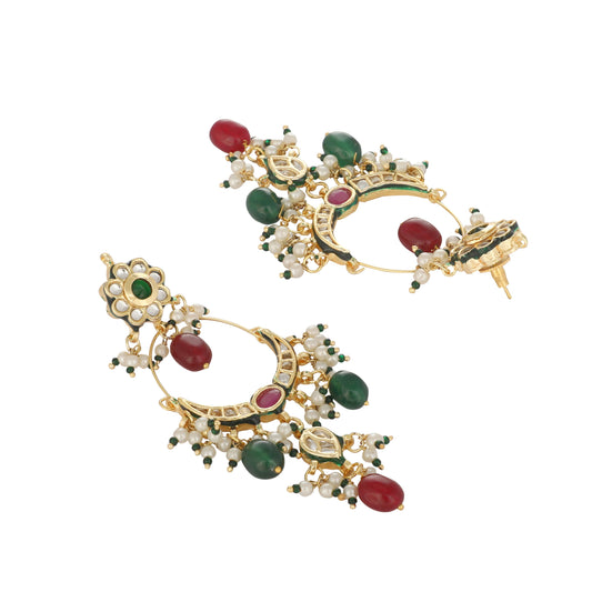 Nuyug 22K Gold Plated Crescent Kundan Drop Red Stone Chandbali Earrings | Swadesiicart