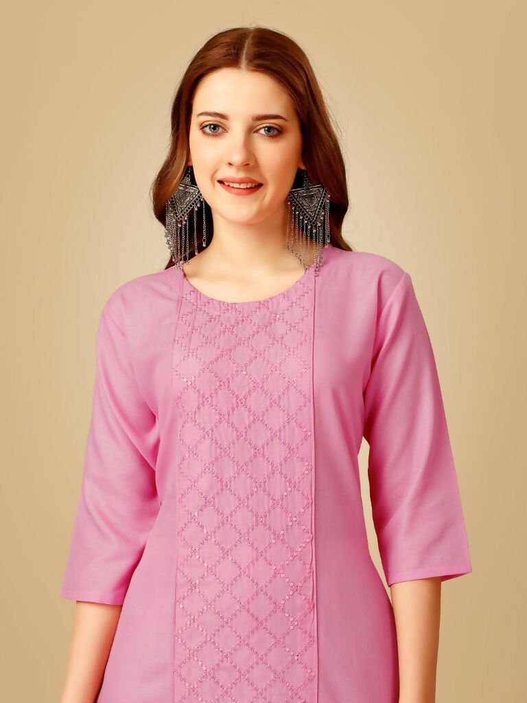 Jyoti Fashion Women's Pink Cotton Blend Embroidered Kurta Pant Set | Swadesiicart