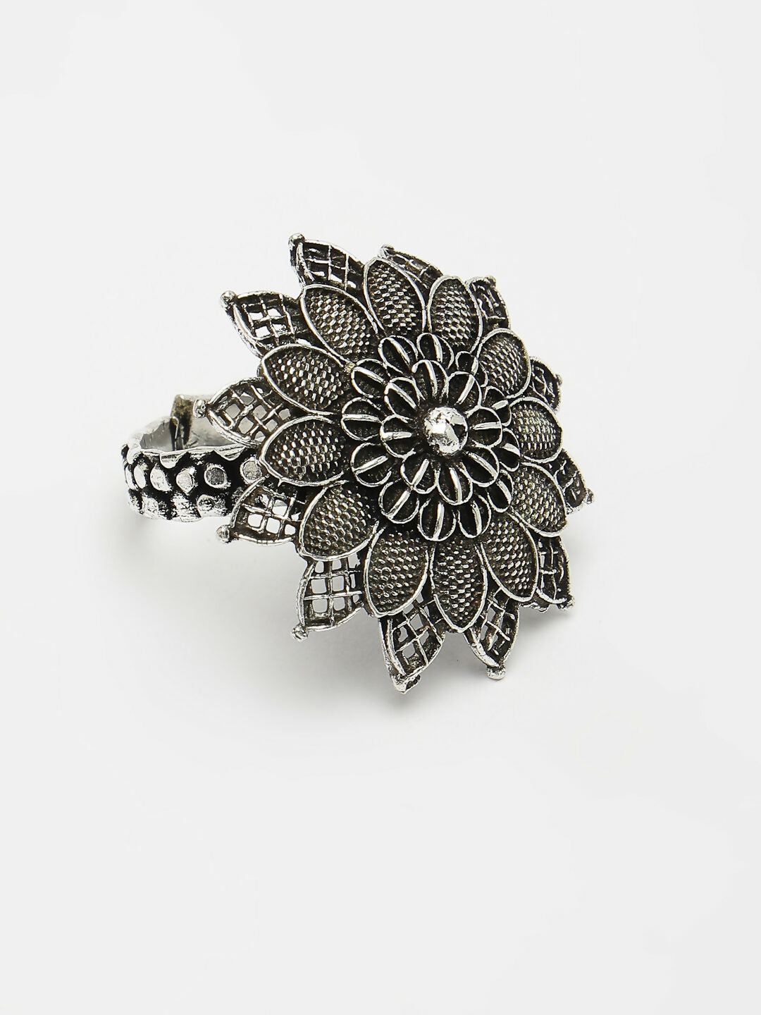 NVR Women's Silver-Toned Floral Shape Adjustable Finger Ring | Swadesiicart