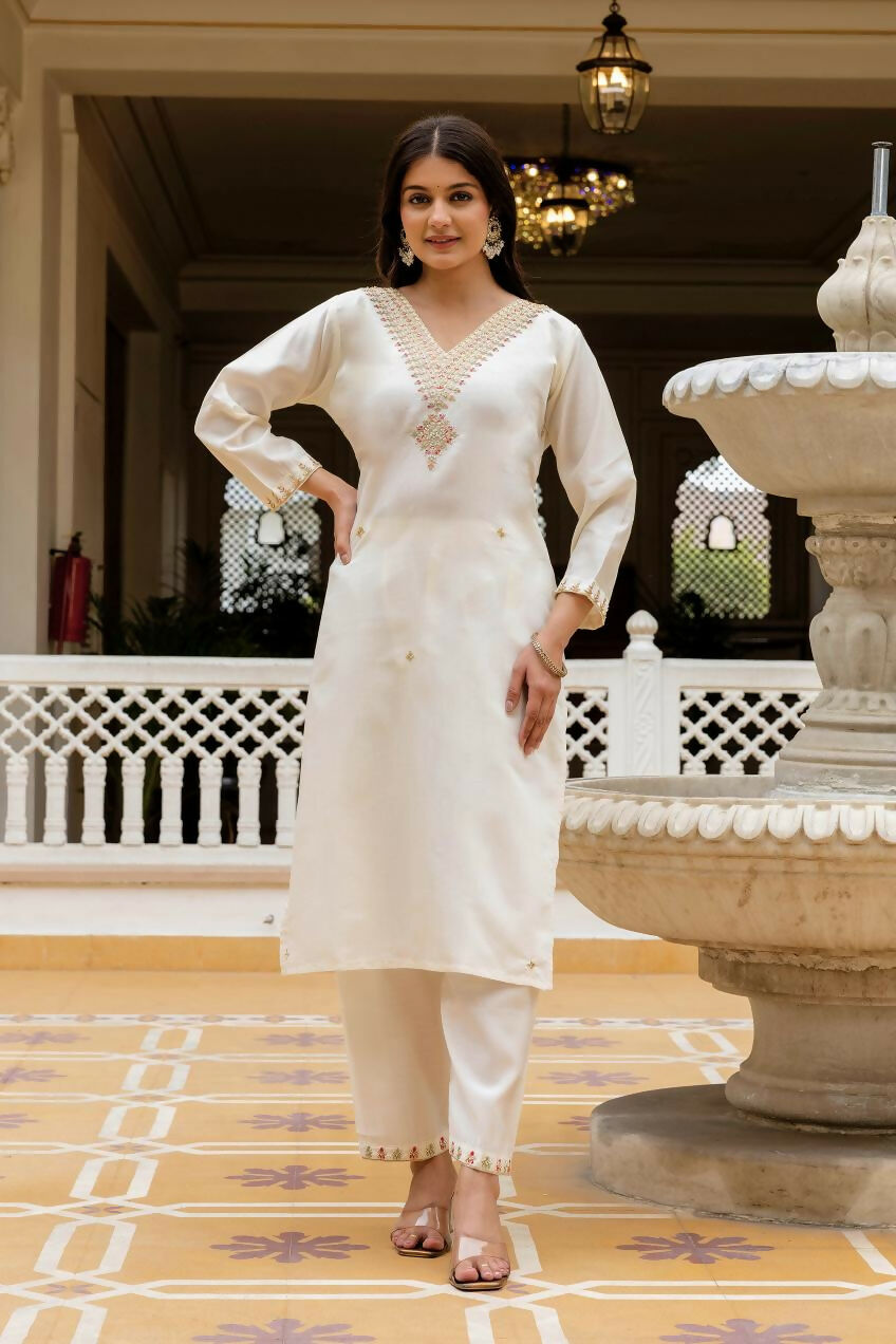 The52 White Women's Beautiful Viscose Chanderi Fabric Embroidered Work Straight Kurta Pant and Dupatta Set - Swadesiicart