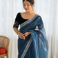 Attrctive Looking Gold Jari, Sequance Embroidery Work Twill Net Party Wear Saree - Teal