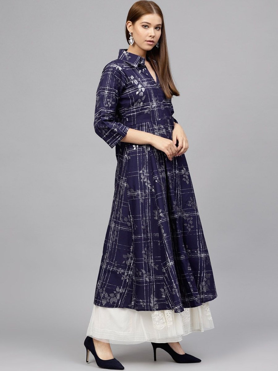Ahalyaa Women's Navy Blue Cotton Printed Kurta | Swadesiicart