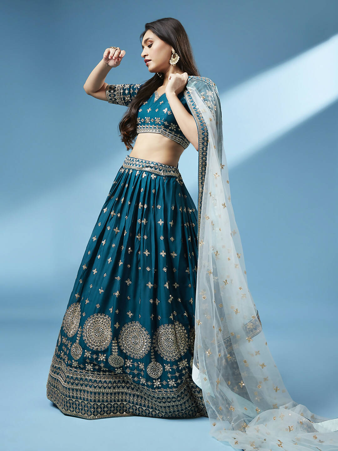 House of Panchhi Teal - Pure Georgette Embroidered Lehenga | Swadesiicart