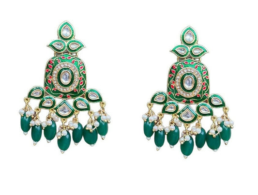 Gold-Toned Green Kundan Contemporary Drop Earrings for Women & Girls By House of Ree - House of Ree