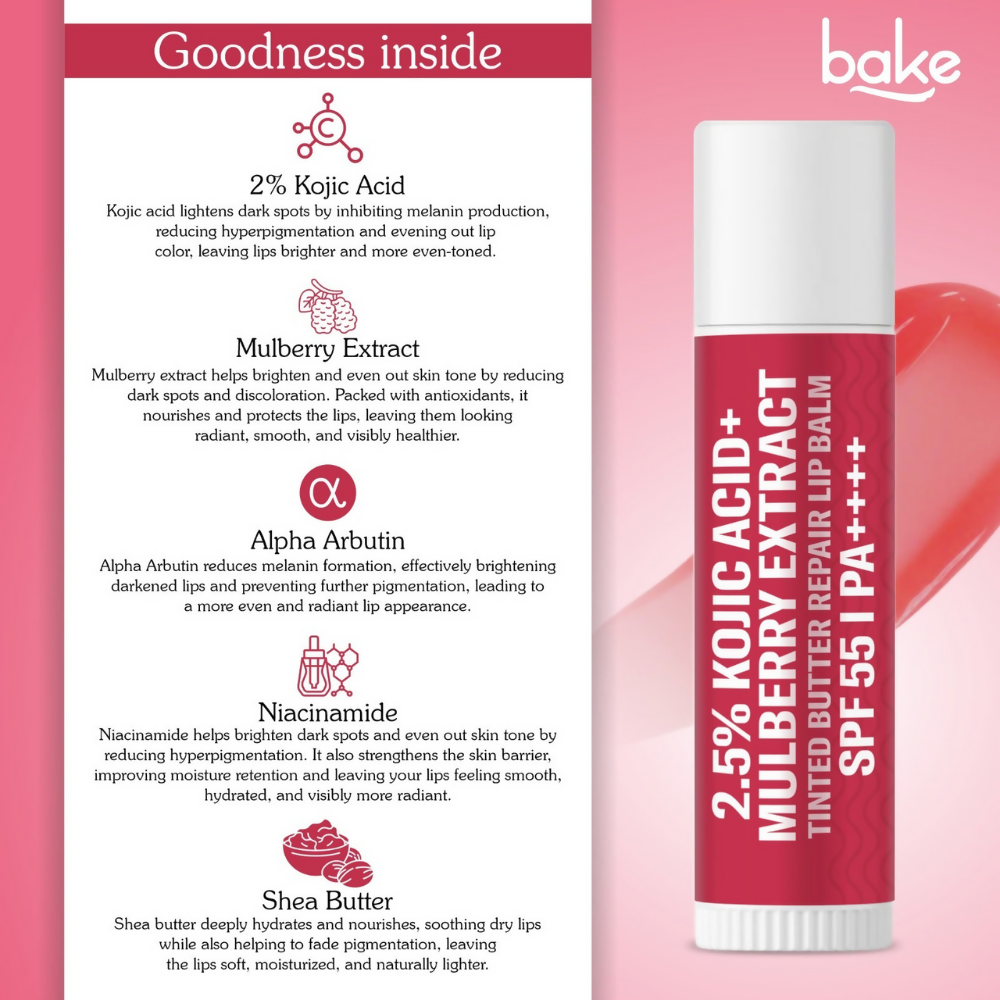 Bake 2.5% Kojic Acid Mulberry Extract Tinted Butter Brightening Lip Balm SPF 55 PA++++ | Swadesiicart