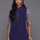 Ahalyaa Blue & Gold-Toned Mandarin Collar Printed Tunic - Blue Color | Swadesiicart