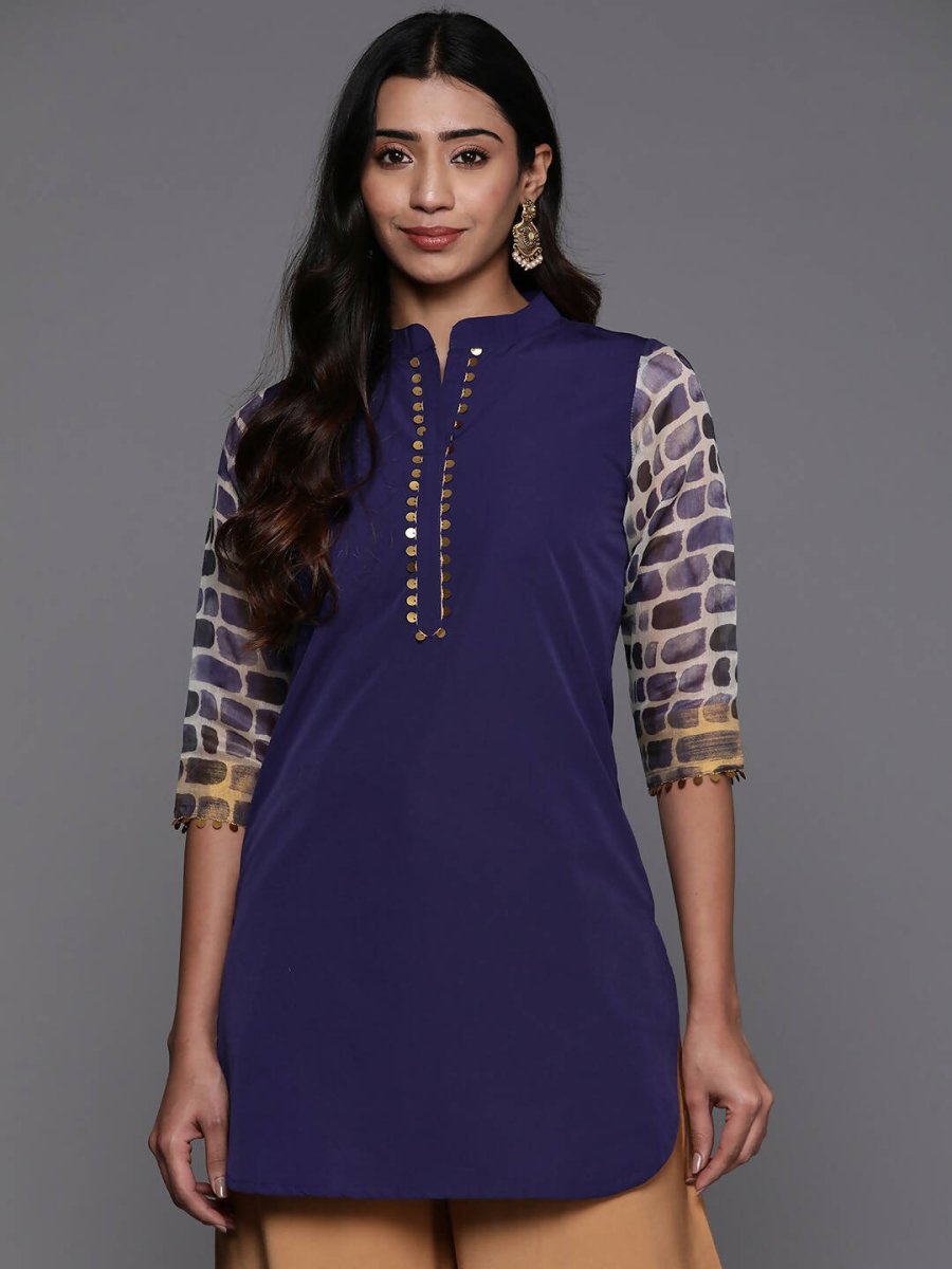 Ahalyaa Blue & Gold-Toned Mandarin Collar Printed Tunic - Blue Color | Swadesiicart