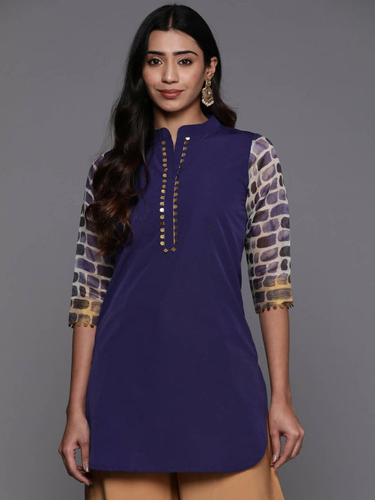 Ahalyaa Blue & Gold-Toned Mandarin Collar Printed Tunic - Blue Color | Swadesiicart