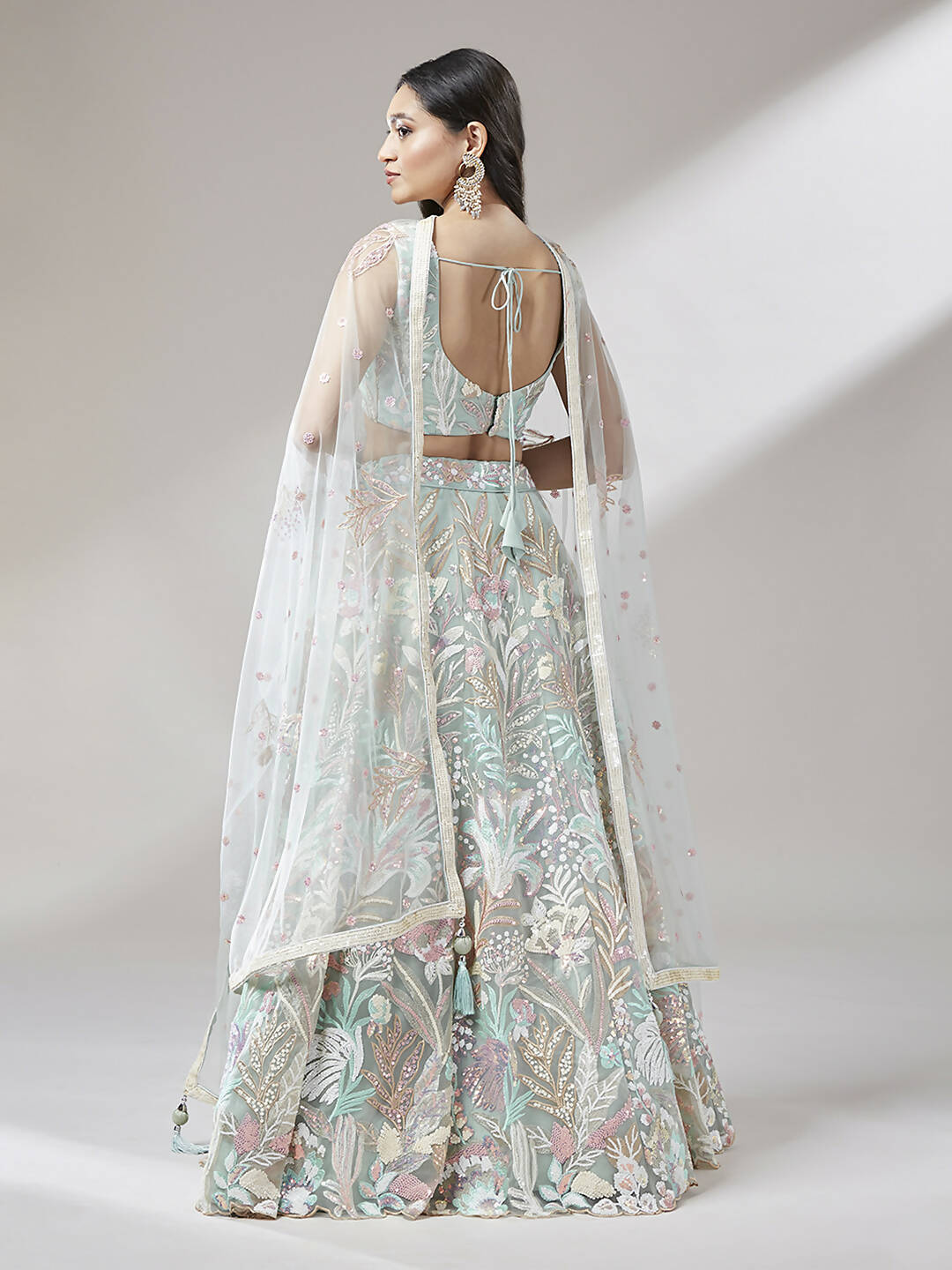 House of Panchhi Lime Green Net Sequinse Work Lehenga & Blouse with Dupatta | Swadesiicart