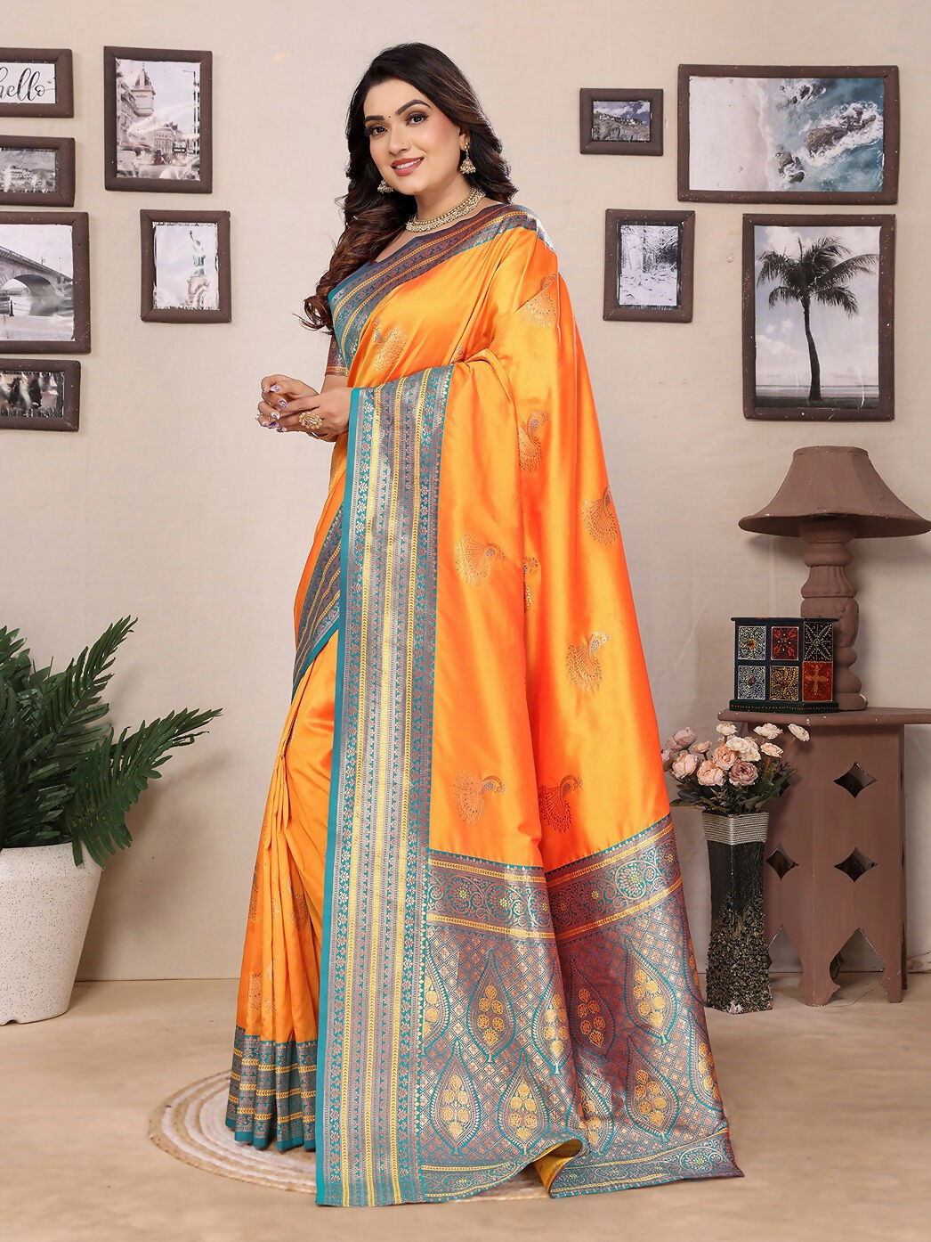 Joban Fashion Banarasi Orange Small Butti Soft Silk Saree | Swadesiicart