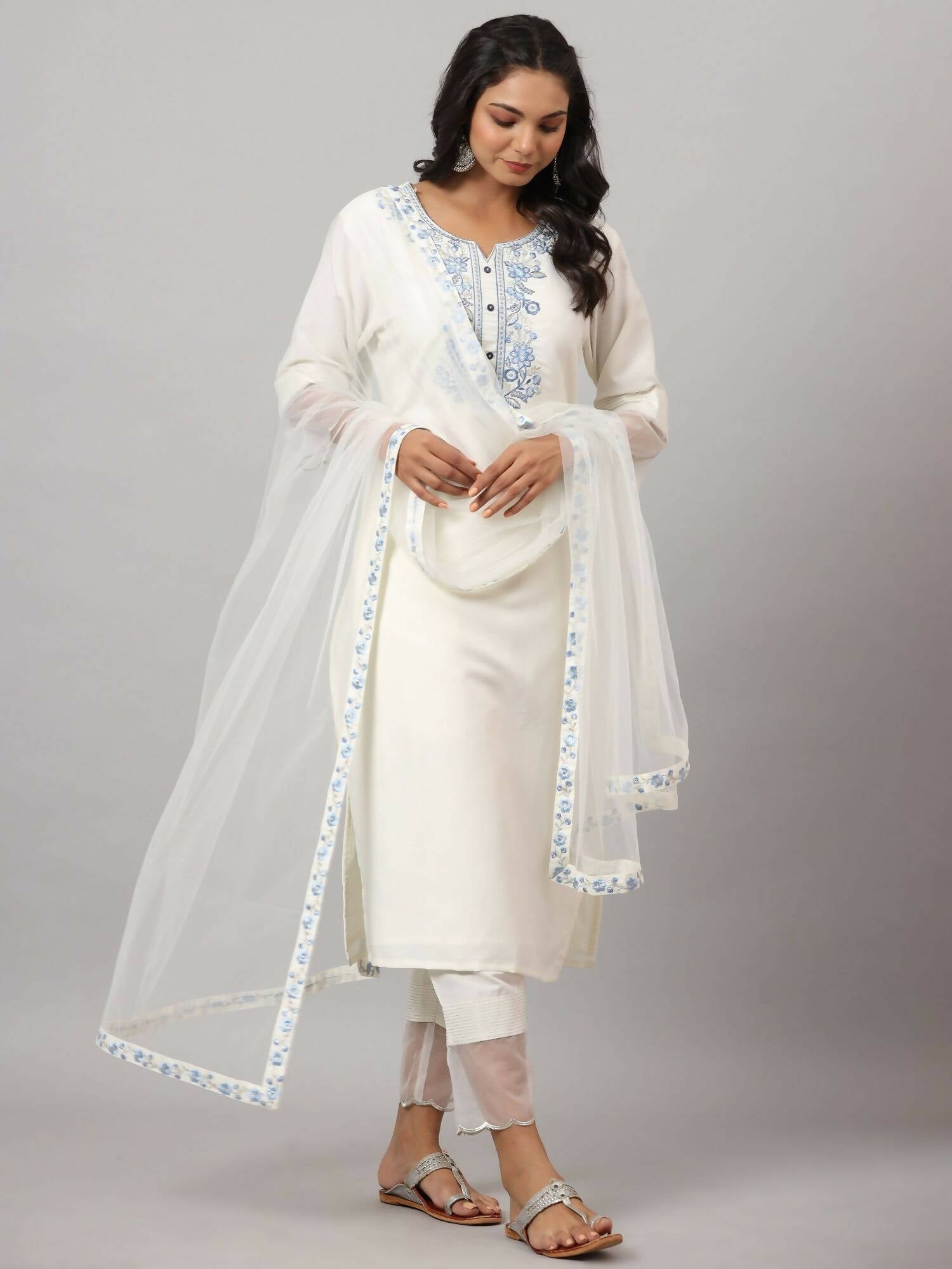 Juniper Women's White Chinnon Solid Embroidered Kurta Set | Swadesiicart