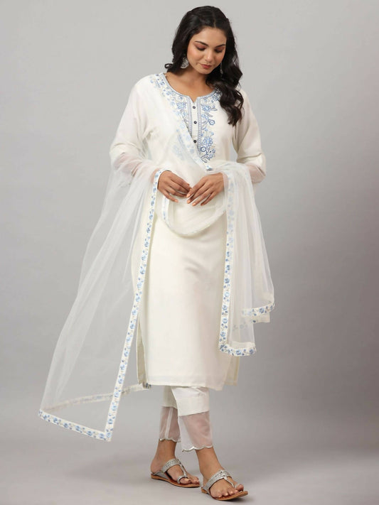 Juniper Women's White Chinnon Solid Embroidered Kurta Set | Swadesiicart