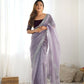 Attrctive Looking Gold Jari, Sequance Embroidery Work Twill Net Party Wear Saree - Lavender