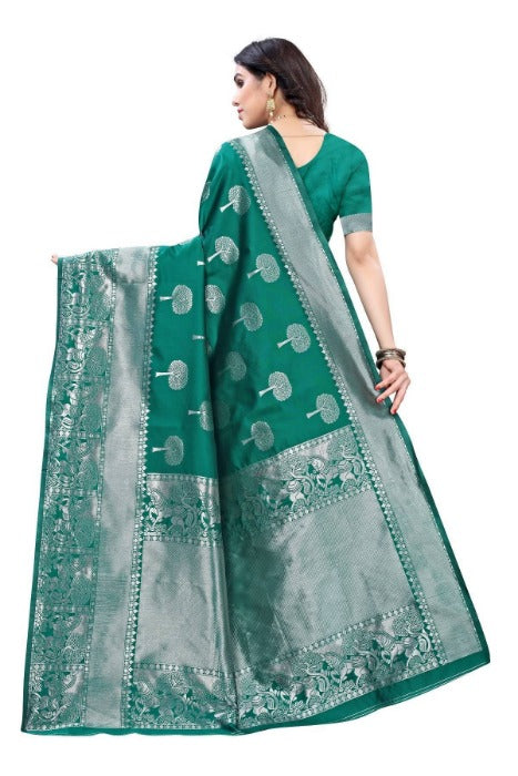 Vamika Banarasi Jacquard Weaving Rama Green Saree (AMEE RAMA) | Swadesiicart
