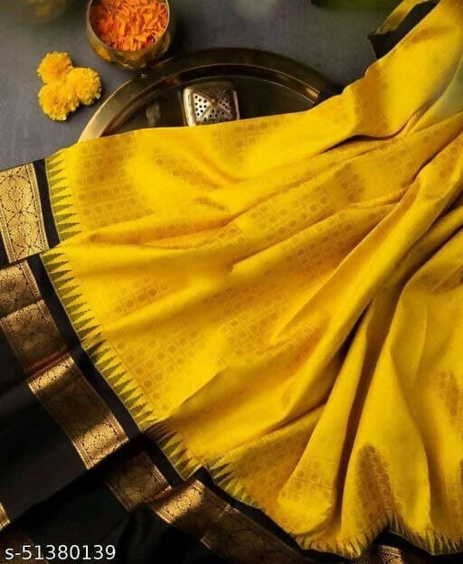 DEIANA'S Beautiful Designer Golden zari Soft Lichi Silk Saree - Yellow - Swadesiicart