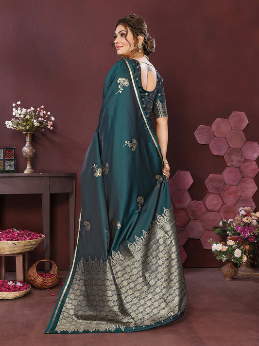 Joban Fashion Teal Floral Banarasi Silk Sarees | Swadesiicart