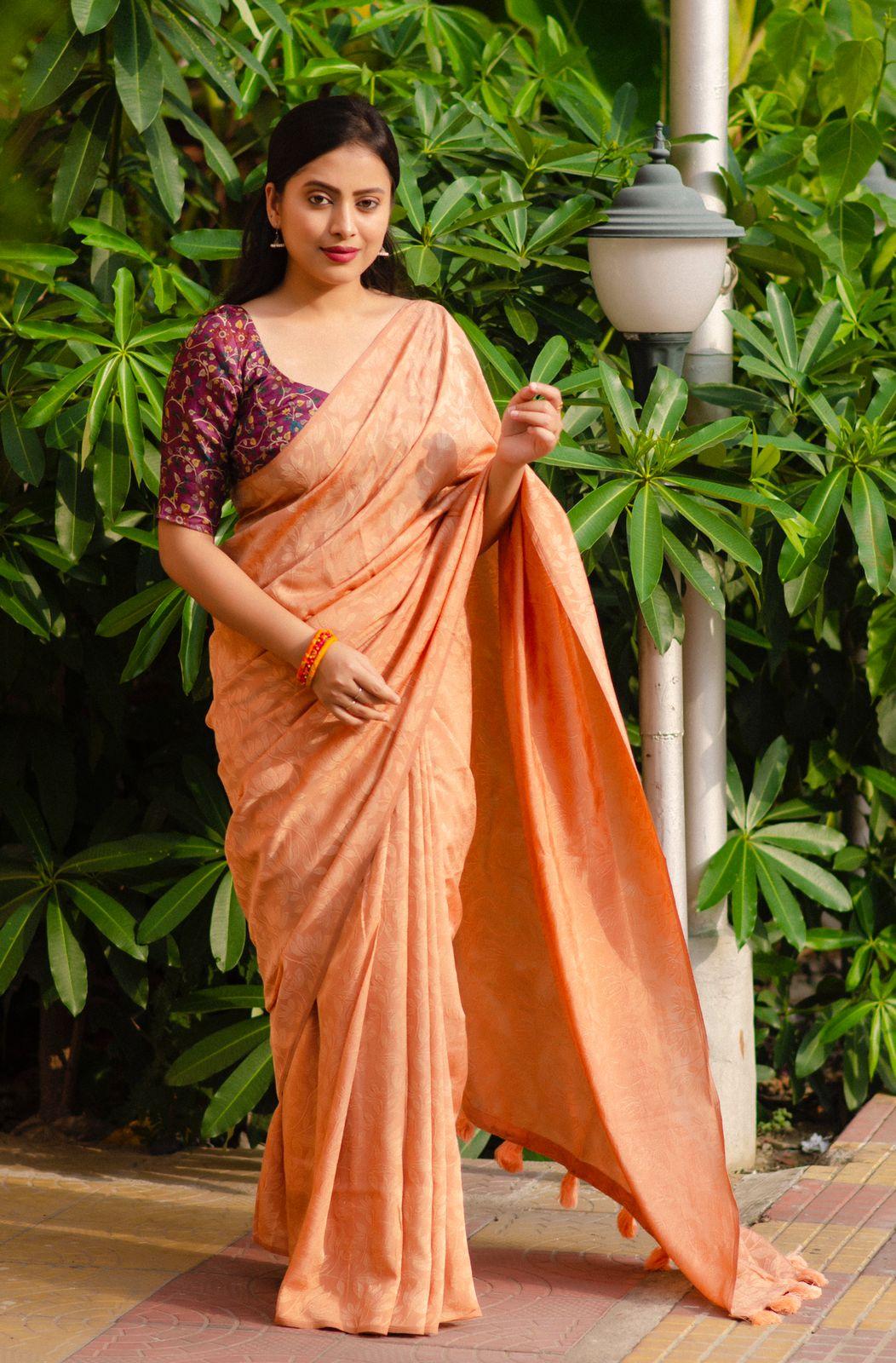Orange Jute Silk Woven Design Saree with Unstitched Blouse - Hiral Fashion | Swadesiicart