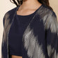 Janasya Women's Dark Blue Crepe Foil Printed Festive Crop Top Set | Swadesiicart