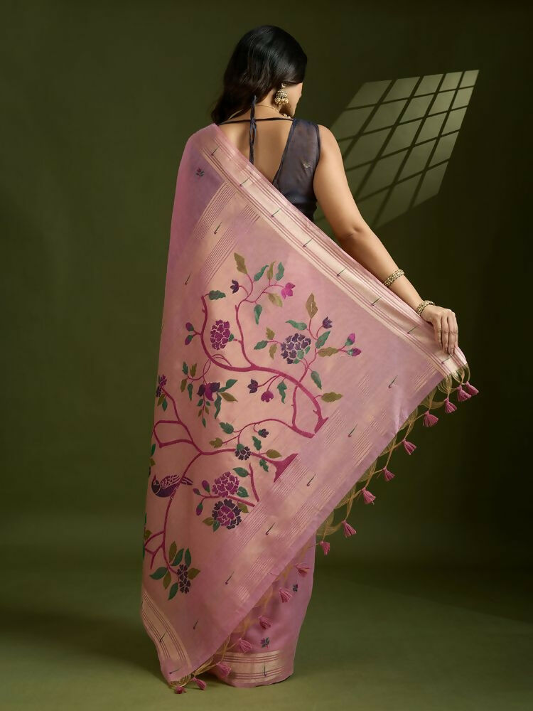 Vishnu Weaves Women's Pink Muga Cotton Thread Woven Butti with Blouse - Swadesiicart