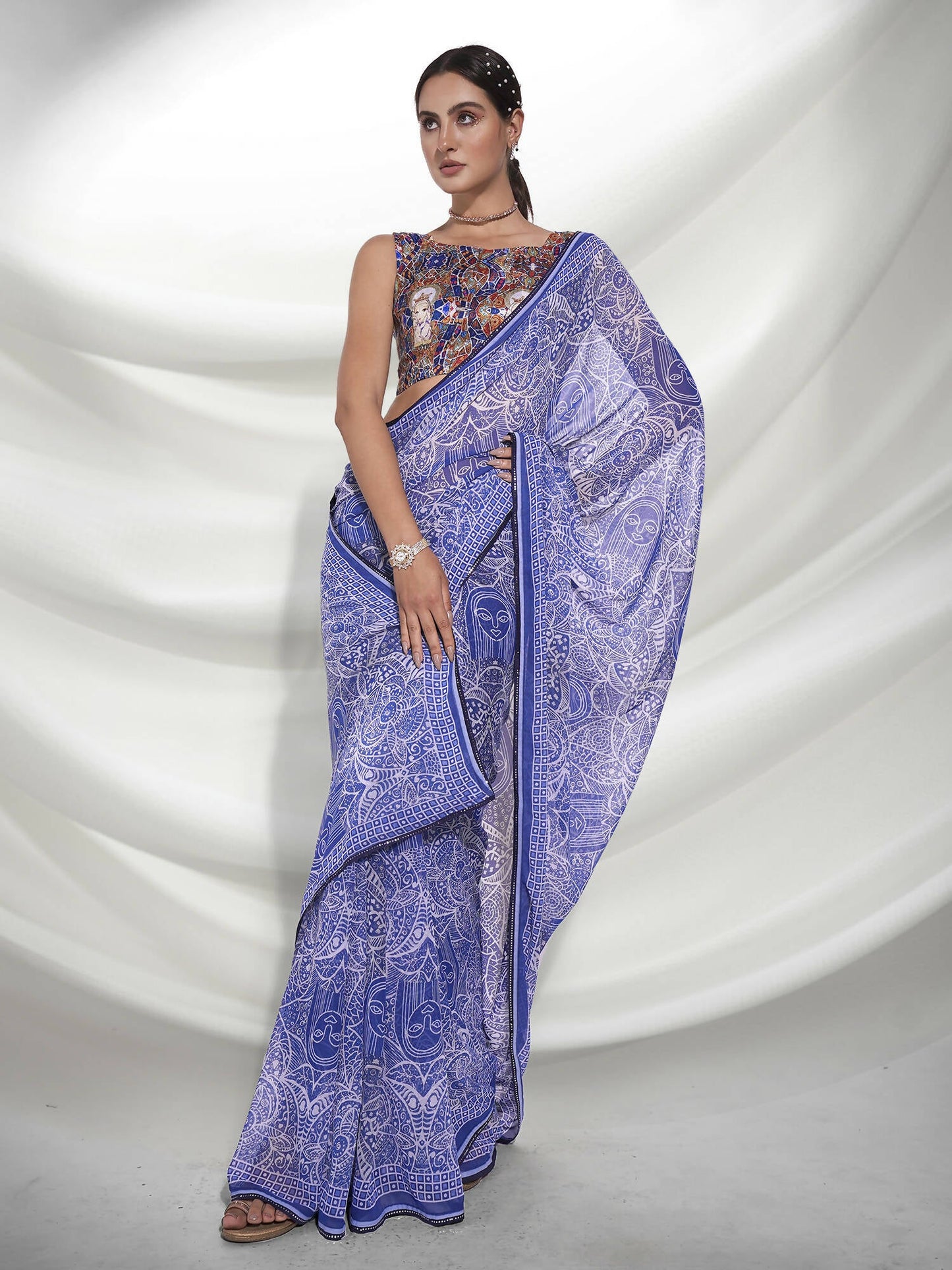 Blue Georgette Floral Printed Saree With Unstitched Blouse Piece - Rajal
