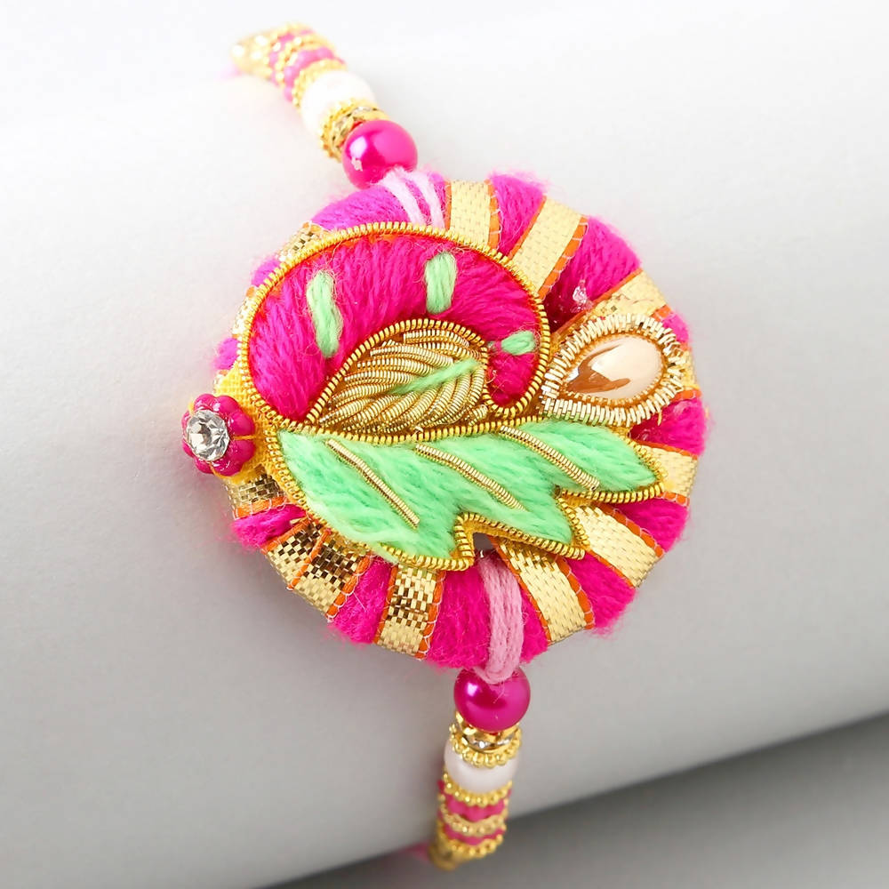 Bright Peacock Zardosi Rakhi & Kaju Katli Box | Swadesiicart