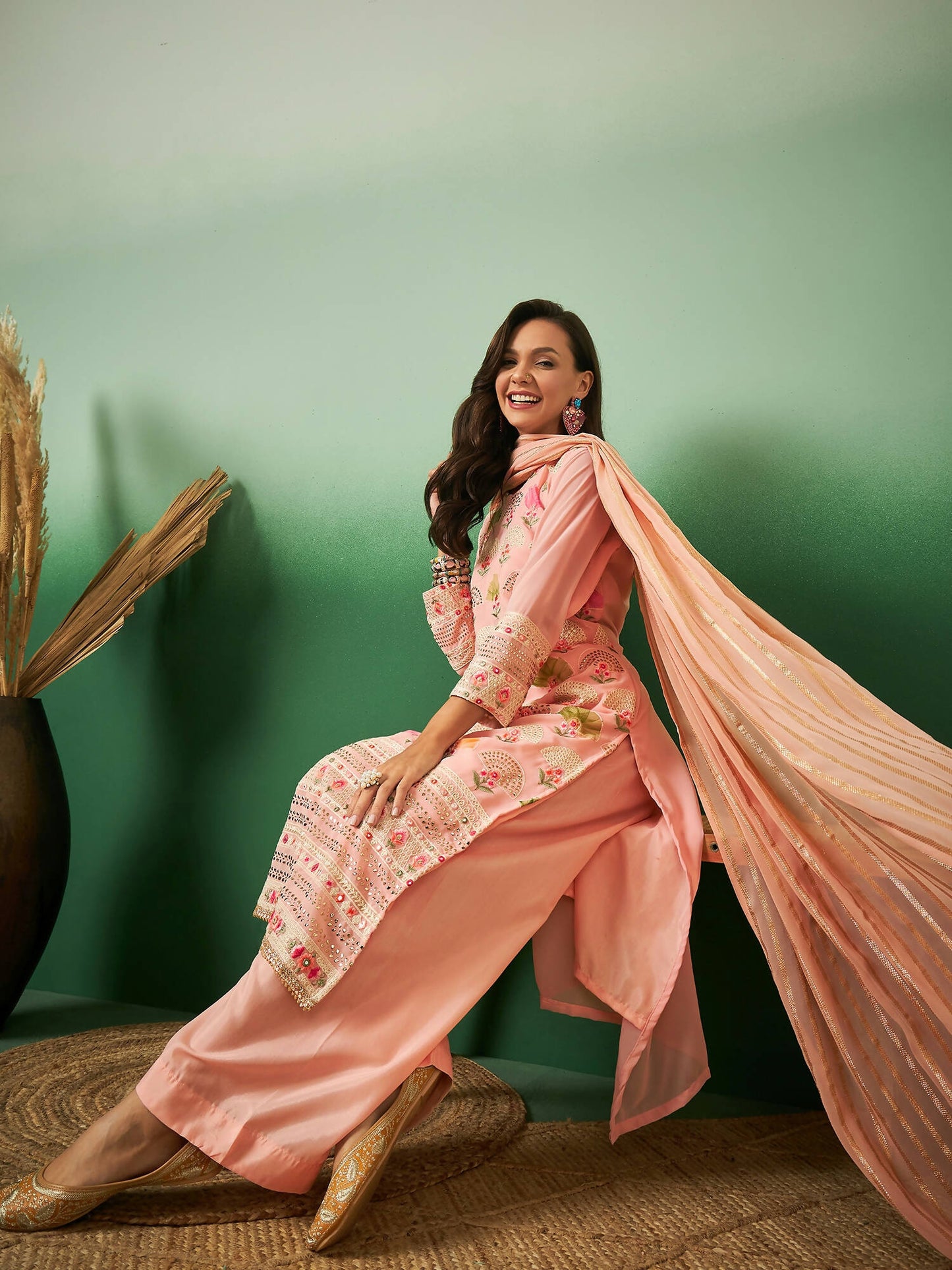 Peach Georgette Handwork Unstitched Dress Material - Hanika | Swadesiicart