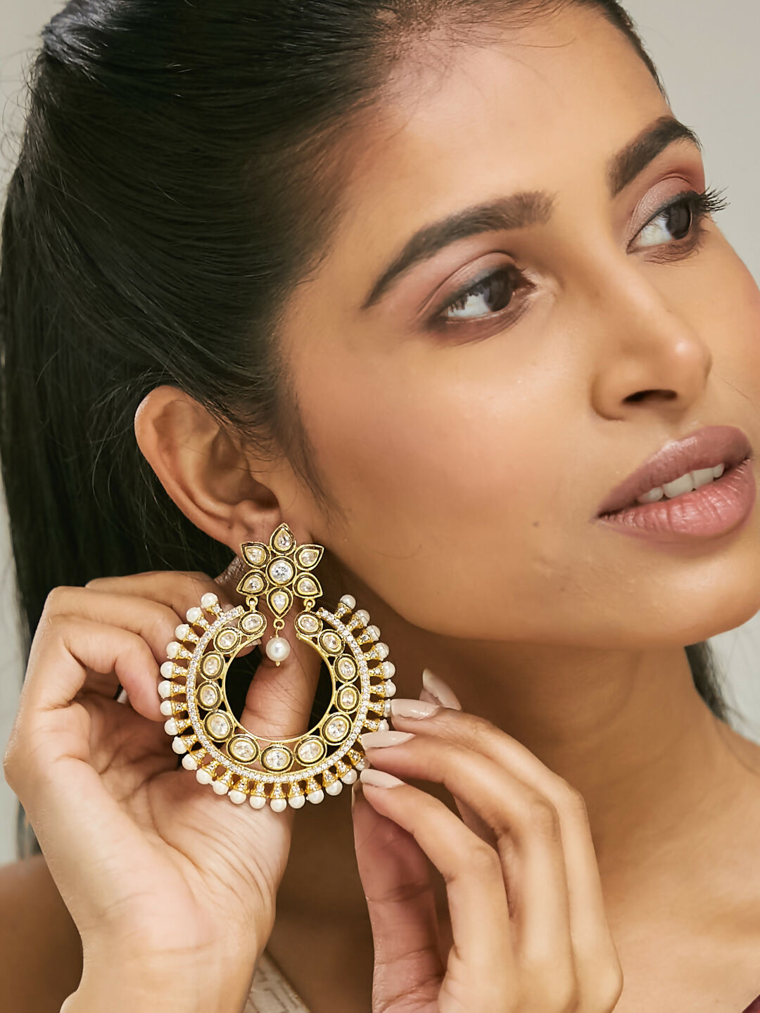 Nuyug 22K Gold-Plated Kundan Studded & Pearl Beaded Floral Chandbali Earrings | Swadesiicart