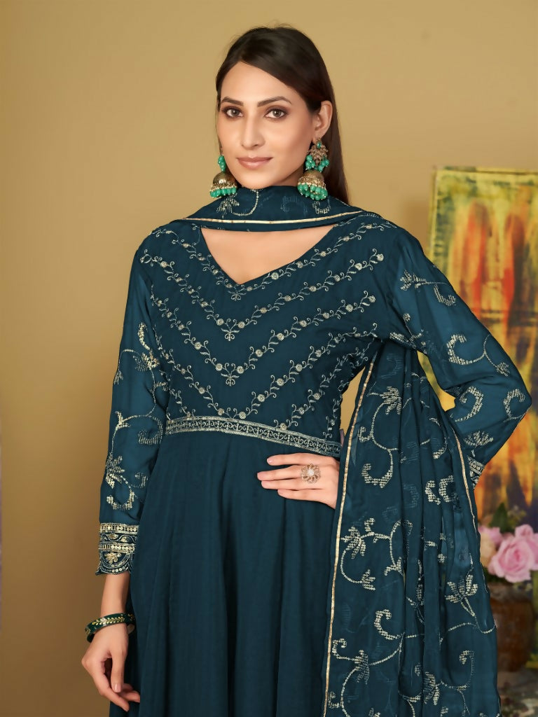 Jyoti Fashion Women's Teal Georgette Embroidered Anarkali Kurta Pant Set With Dupatta | Swadesiicart