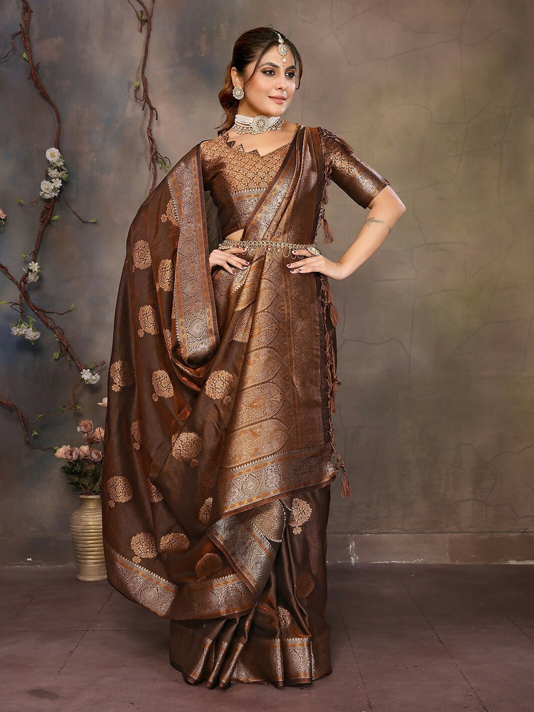 Joban Fashion Copper Woven Jacquard Banarasi Silk Sarees | Swadesiicart