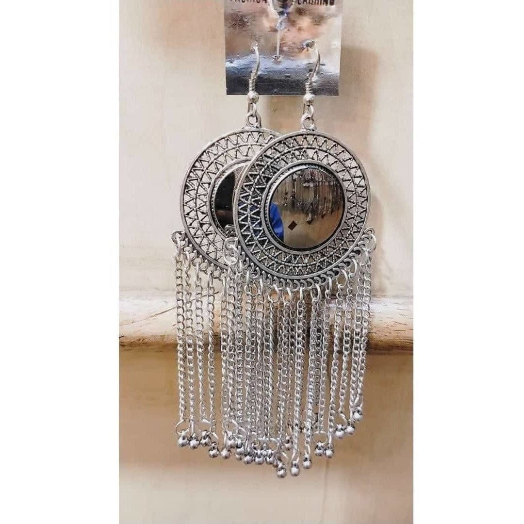 MS Fashion India Round Shape Silver Color Earrings With Hanging Chains | Swadesiicart