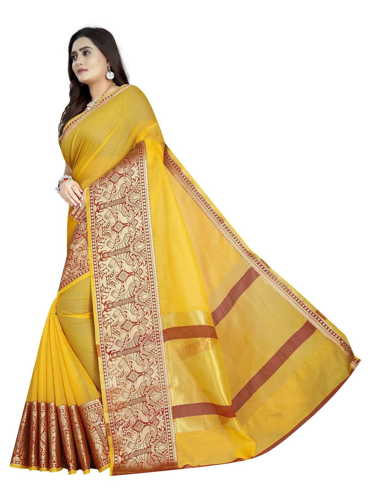 Vamika Banarasi Jaquard Yellow Weaving Saree | Swadesiicart