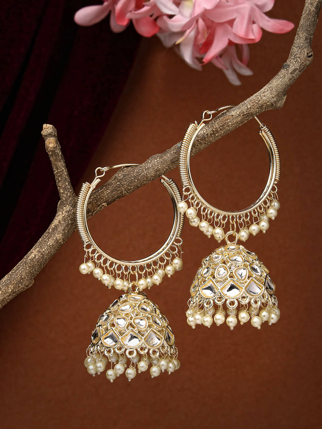 NVR Women Gold-Polished Handcrafted Kundan Jhumka Earrings | Swadesiicart