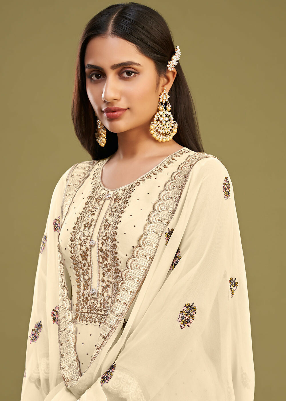 Off White Swarovski Work & Embroidered Eid Wear Salwar Suit - Emponline | Swadesiicart