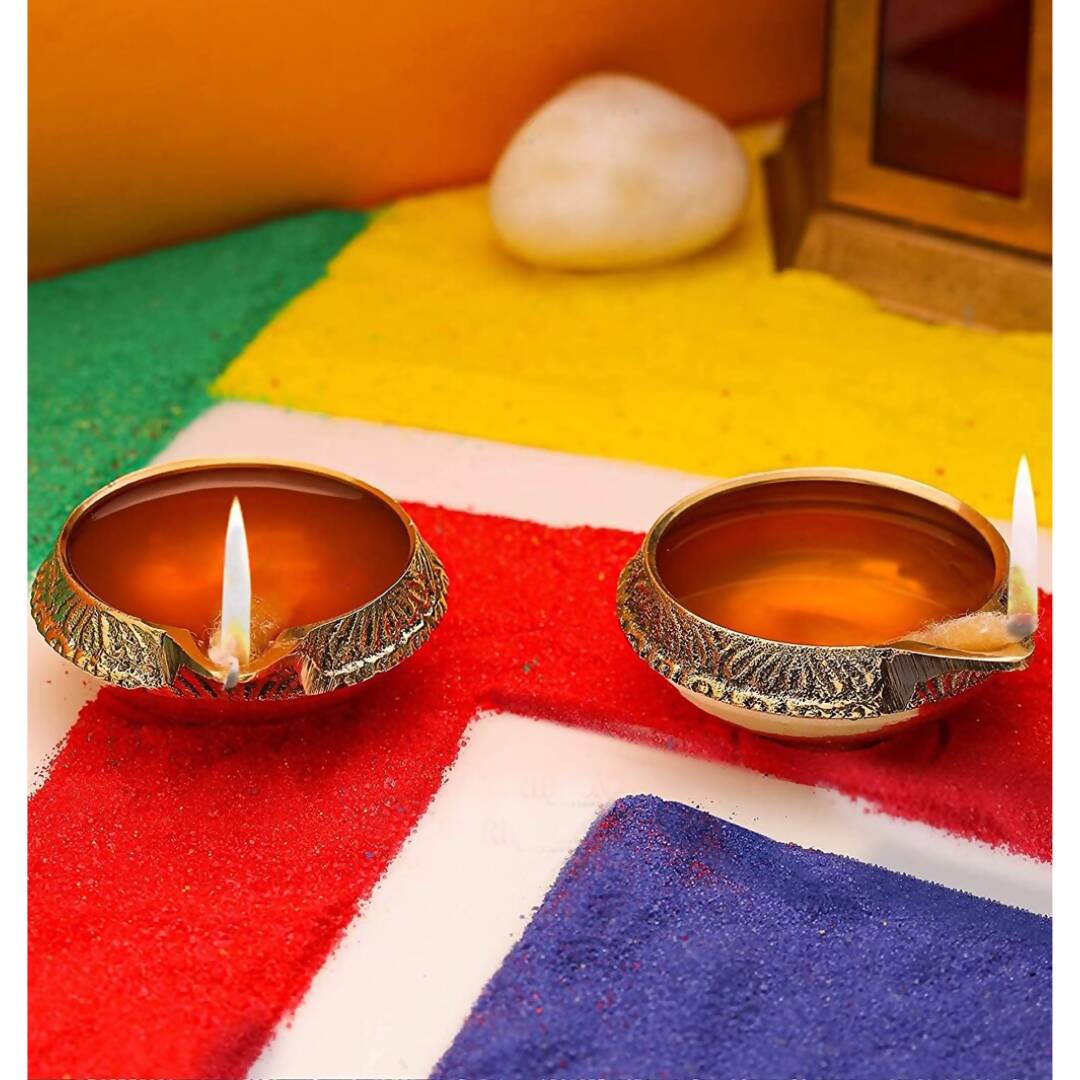 Tied Ribbons Antique 2 Pieces Gold-Toned Textured Brass Diyas | Swadesiicart