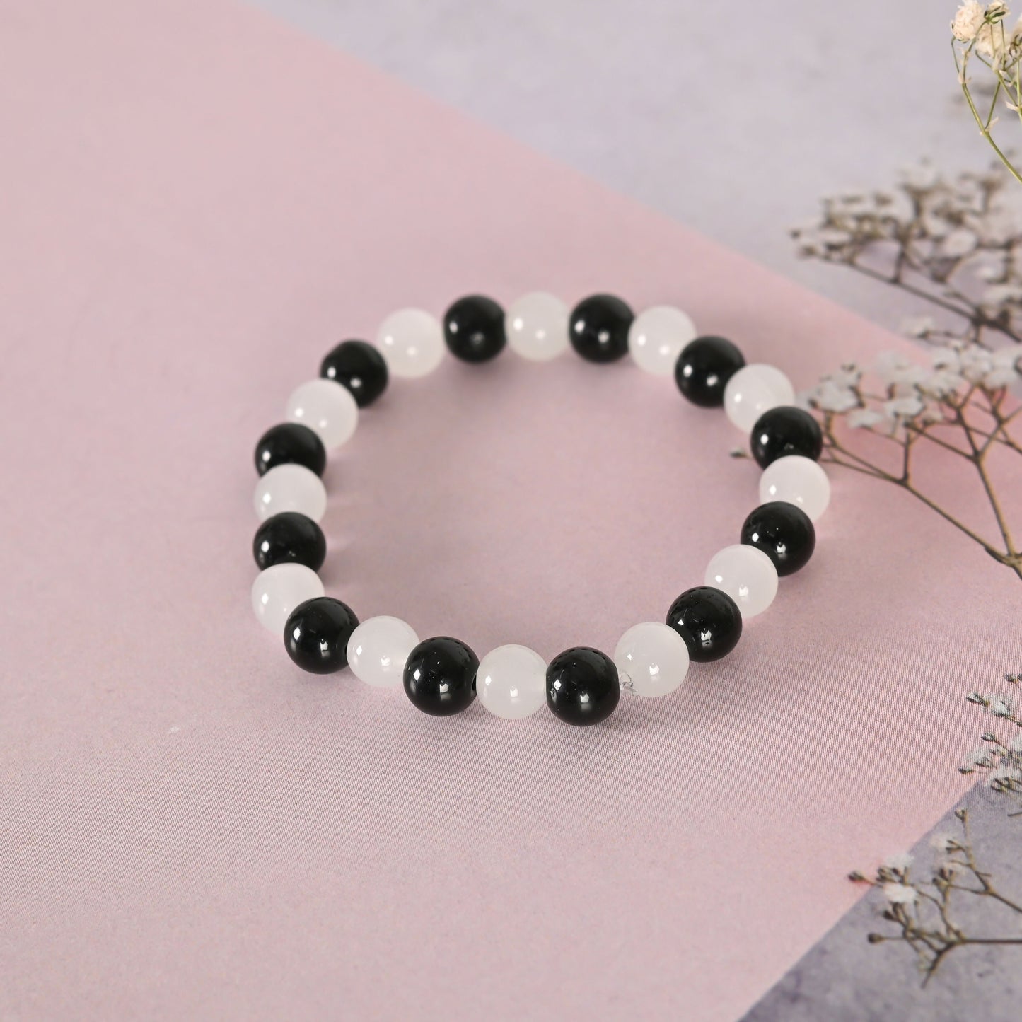 NVR Men & Women White Marble Crystal Beaded Elasticated Bracelet - Swadesiicart
