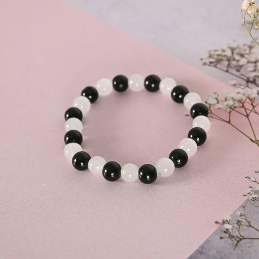 NVR Men & Women White Marble Crystal Beaded Elasticated Bracelet - Swadesiicart