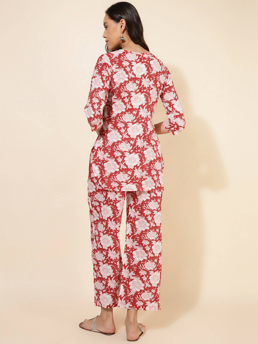 Janasya Women's Red Cotton Cambric Floral Printed Casual Straight Top Set | Swadesiicart