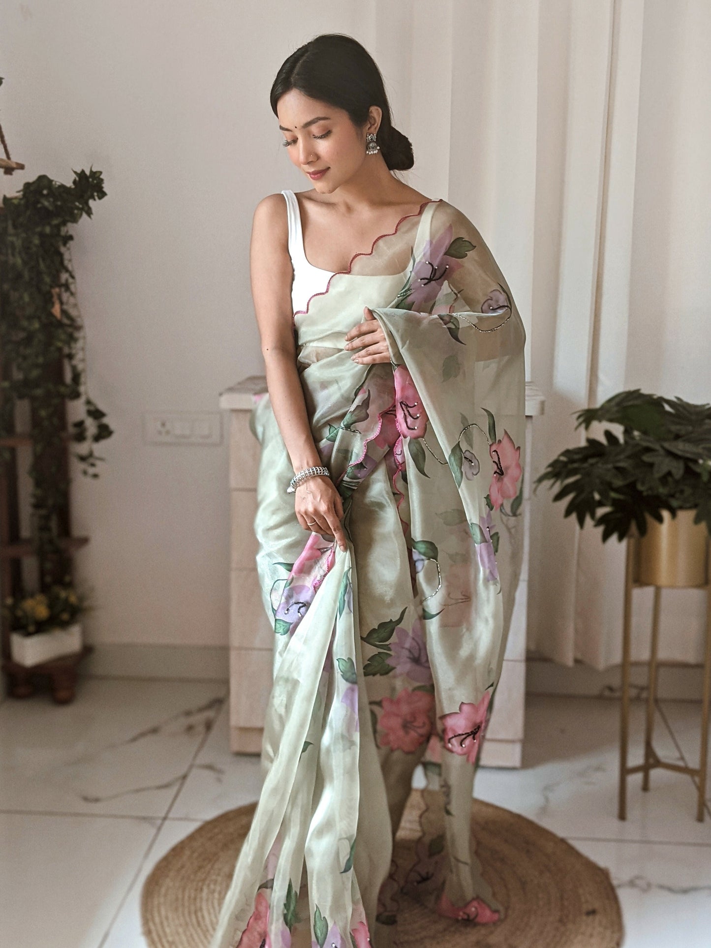 Vamsee Pinki Khatali Green Organza Saree - Swadesiicart