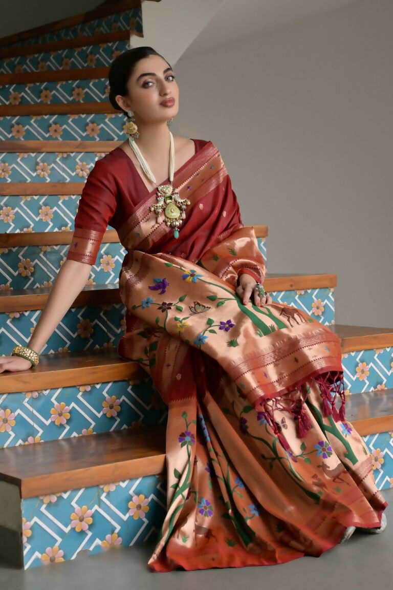 Vishnu Weaves Women's Maroon Paithani Silk Zari Woven Saree with Blouse - Swadesiicart