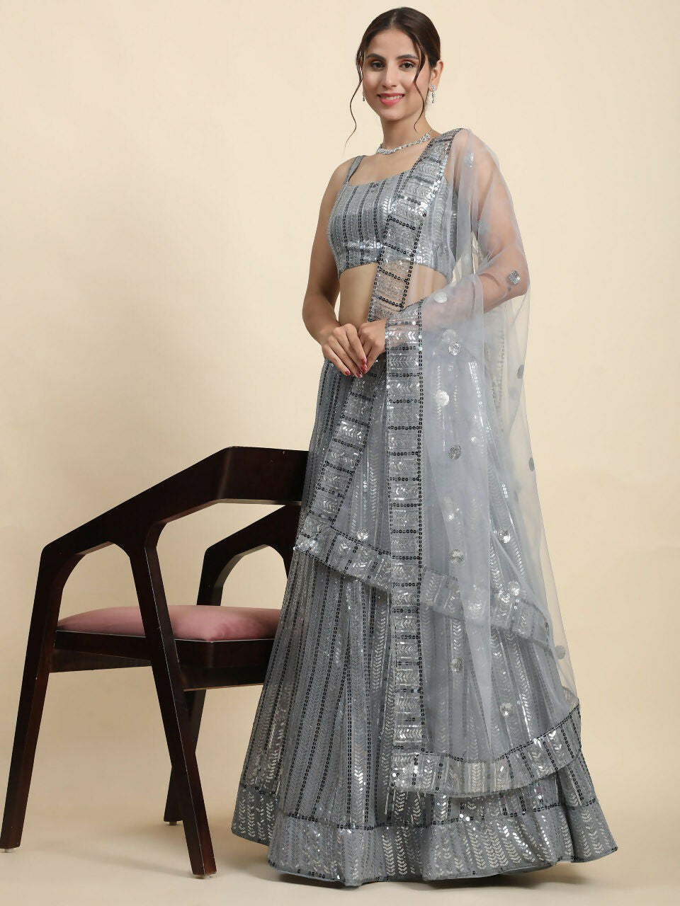 Jyoti Fashion Classy Grey Faux Georgette 3MM & 7MM Sequins Embroidery Lehenga Choli with Dupatta | Swadesiicart