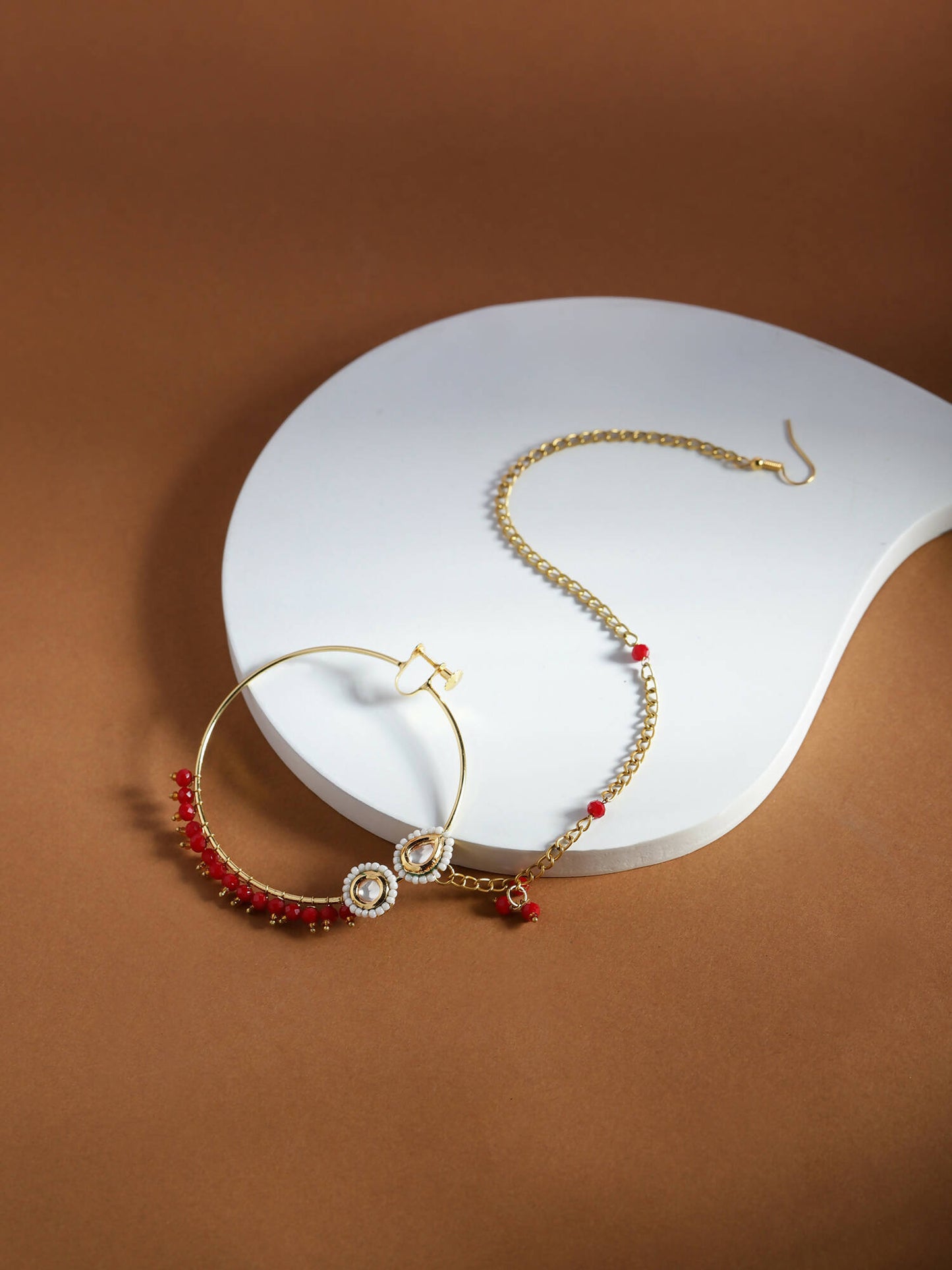 Gold-Polished White Red Kundan-Studded Pearl Beaded Nosepin - Ruby Raang | Swadesiicart