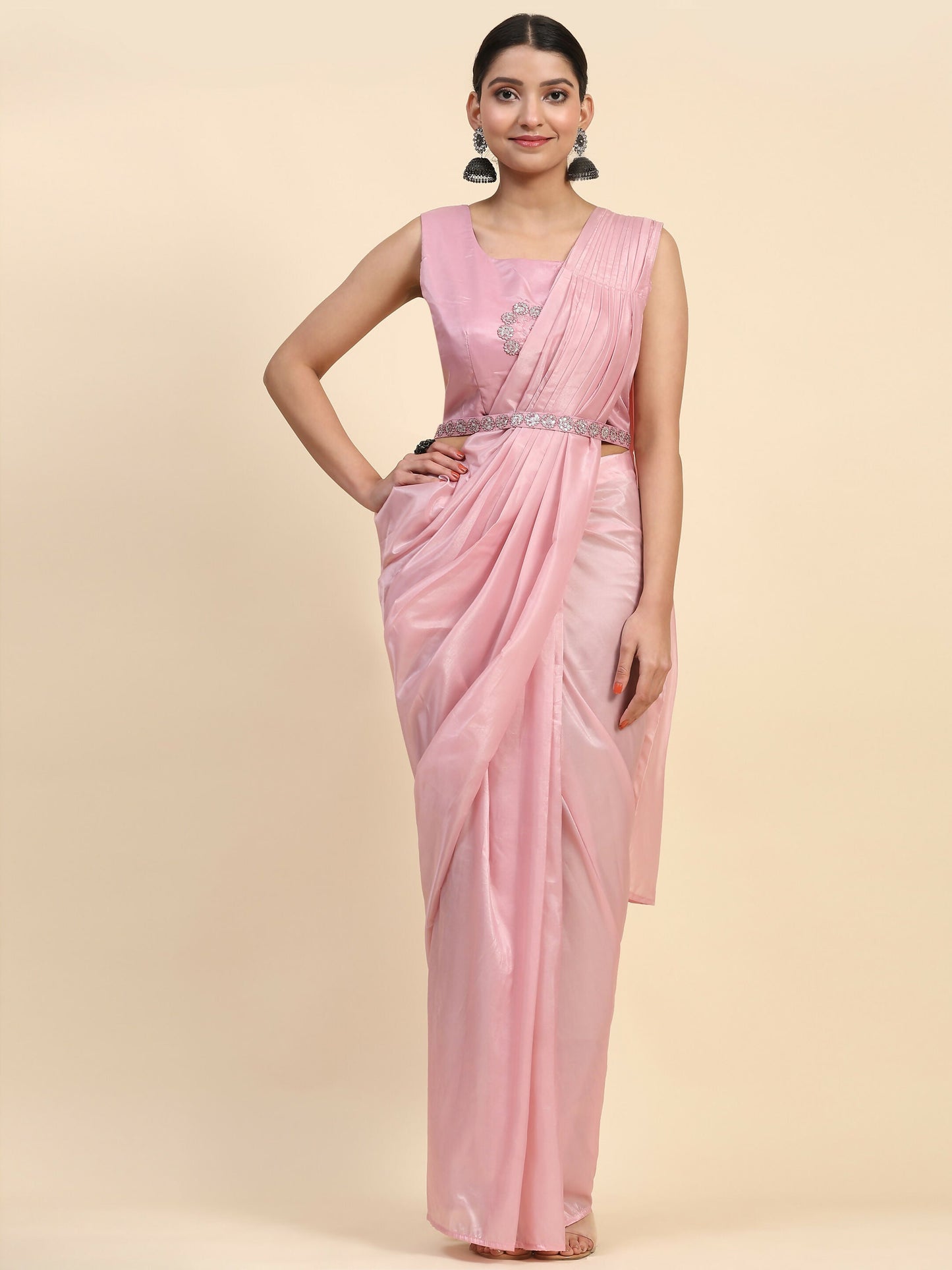Pink Satin Solid Ready to wear Saree with stitched Blouse - Vanita | Swadesiicart